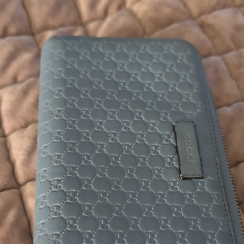 Gucci Light Blue Embossed Zip Wallet